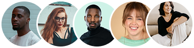 A row of five people, each in a separate circular frame, facing the camera or slightly to the side; they have varied hairstyles, poses, and expressions.